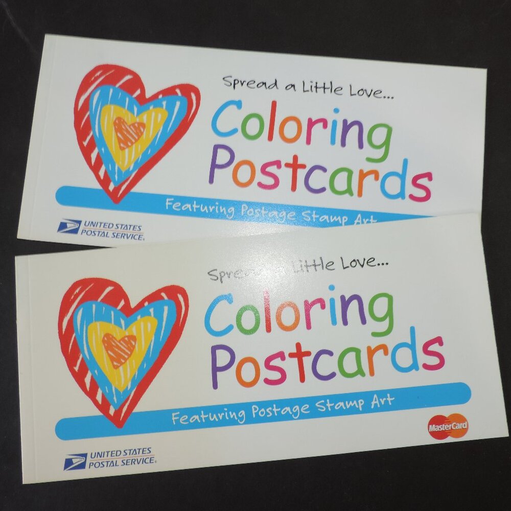 Two (2) USPS MC promo Coloring Postcards booklets Complete Vintage LOVE stamps